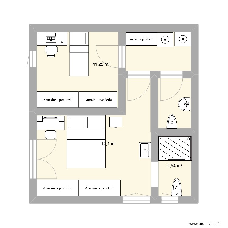 ext2. Plan de 3 pièces et 29 m2