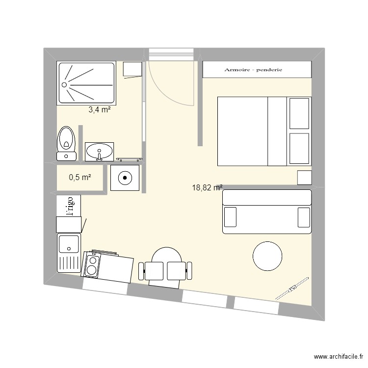 Appart. Plan de 3 pièces et 23 m2