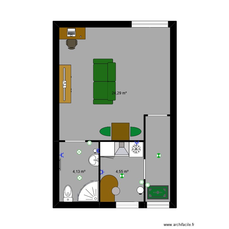 tpvc 1. Plan de 3 pièces et 33 m2