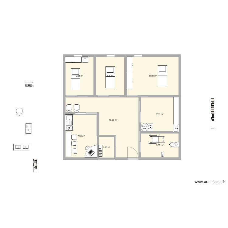 Institut 60m2. Plan de 8 pièces et 59 m2