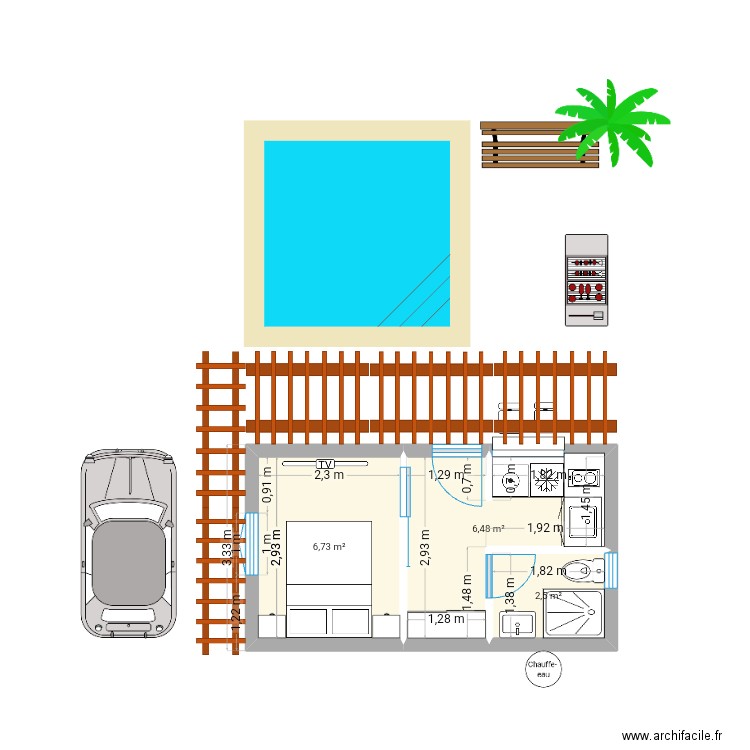 Bungalow 20m2 a modifier. Plan de 3 pièces et 16 m2