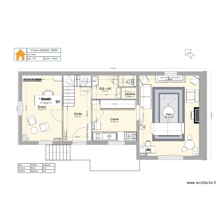 15 HA RDC AMENAGE. Plan de 6 pièces et 61 m2