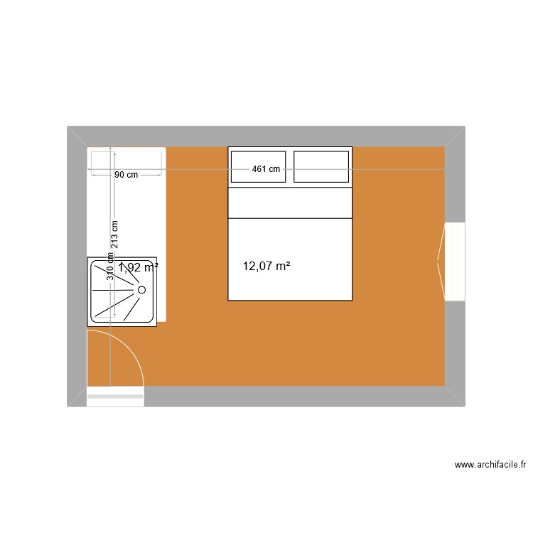 Chambre parental. Plan de 2 pièces et 16 m2