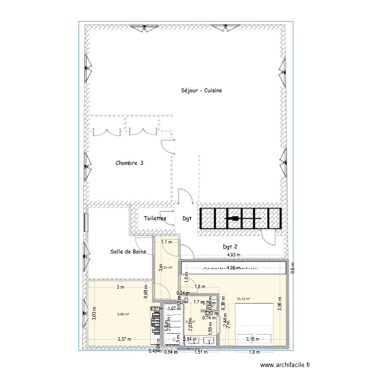 Plan Suite avec Toilette v2. Plan de 4 pièces et 34 m2