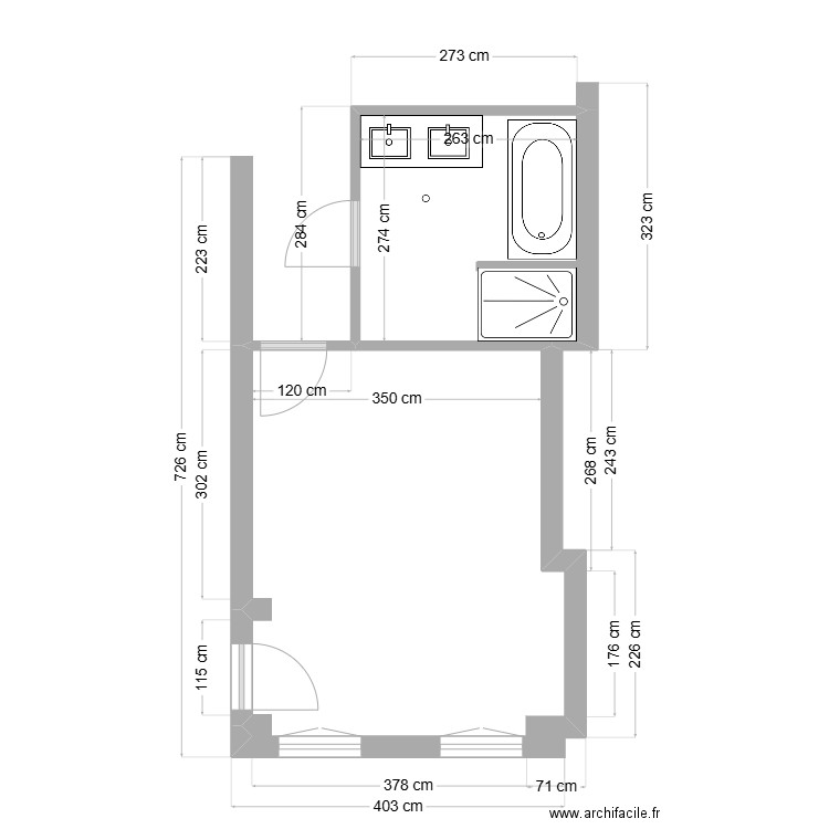 Chambre et sdb actuelles. Plan de 1 pièce et 7 m2