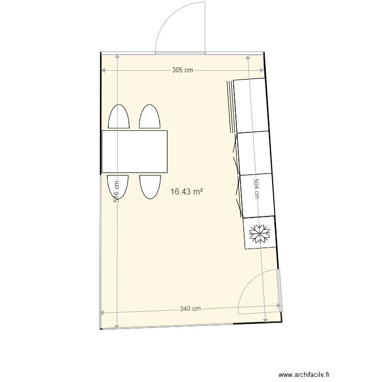 Plan Nadine studio cuisine. Plan de 1 pièce et 16 m2