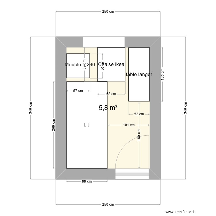 Chambre G v1. Plan de 1 pièce et 6 m2