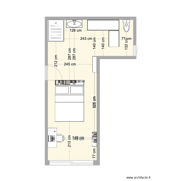 Nid d'amour. Plan de 1 pièce et 25 m2