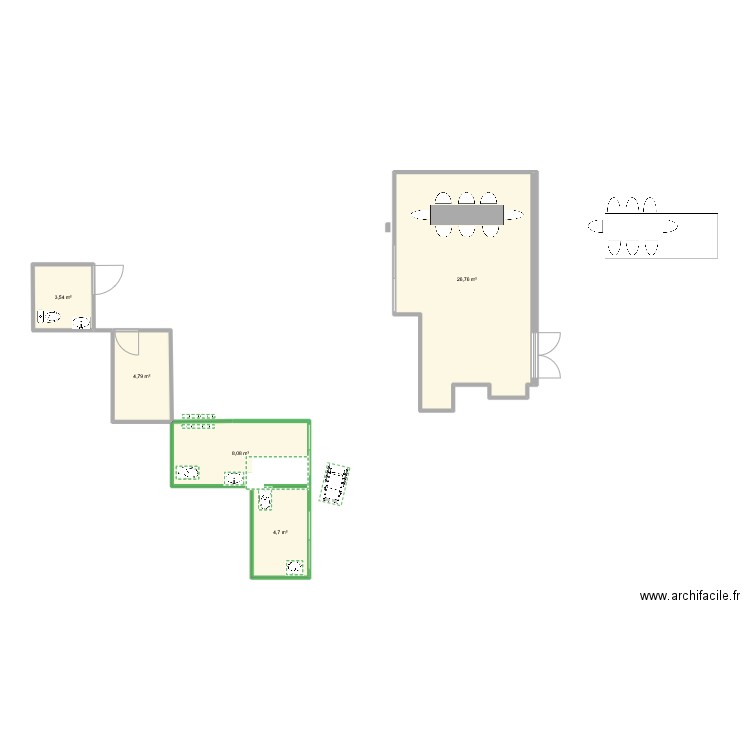 sanitaires. Plan de 5 pièces et 48 m2