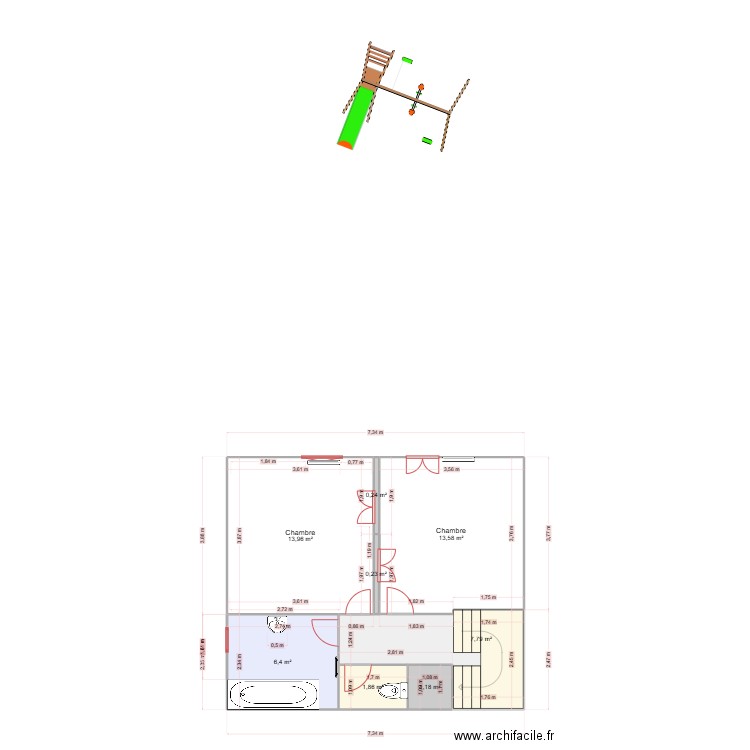 Taupont Etage. Plan de 8 pièces et 45 m2