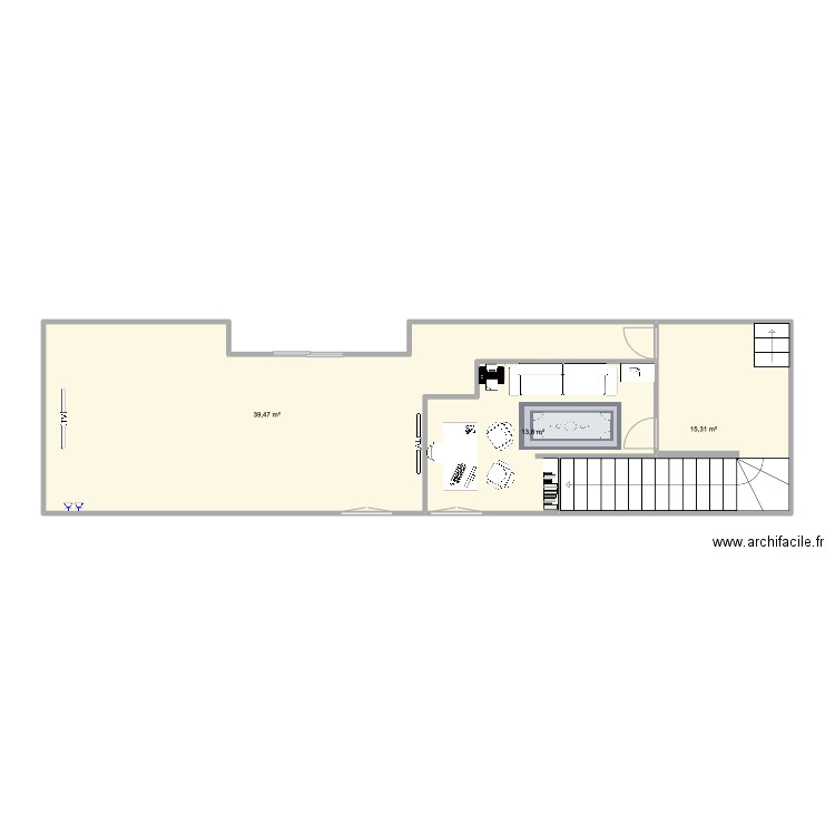 sala y despacho . Plan de 3 pièces et 69 m2