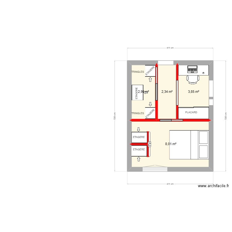 DRESSING BUREAU. Plan de 4 pièces et 17 m2