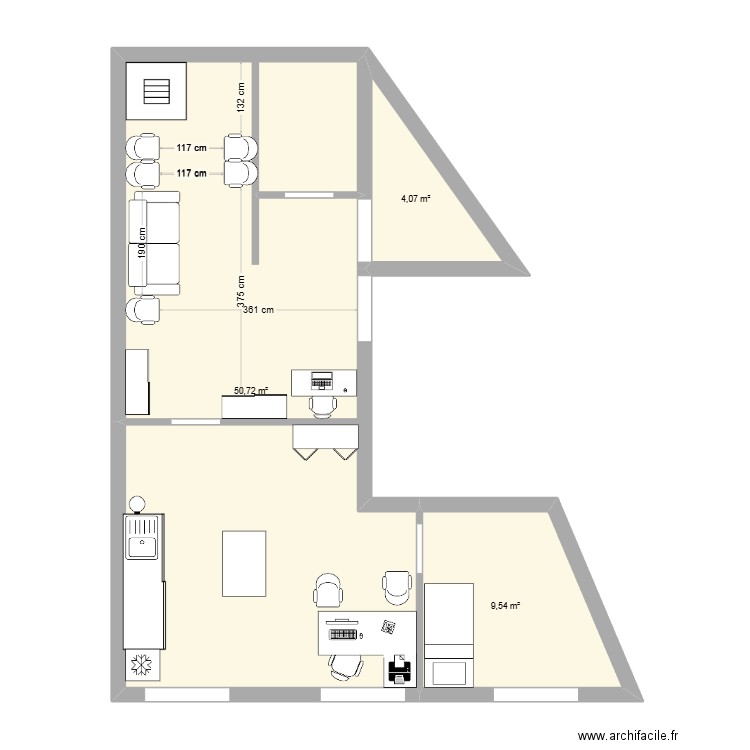 Cabina. Plan de 3 pièces et 64 m2