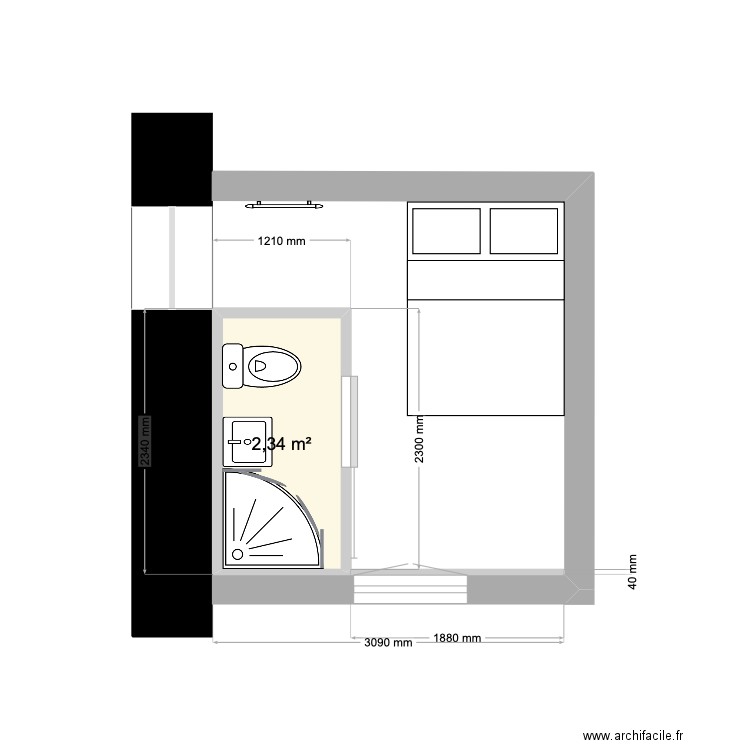 SdB Fargeas. Plan de 1 pièce et 2 m2