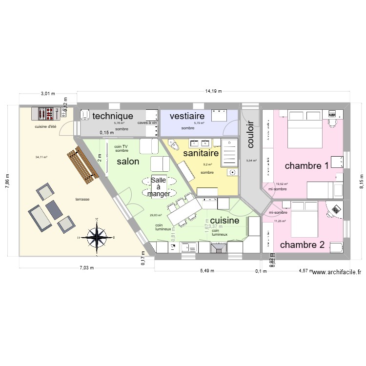 Maison sud 05. Plan de 8 pièces et 121 m2