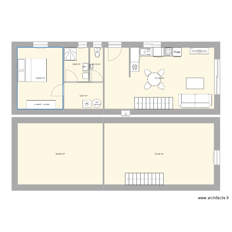 T2 avec étage. Plan de 7 pièces et 111 m2