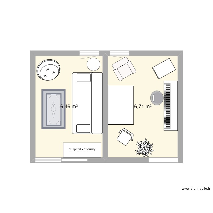 Piéce d'art et chambre. Plan de 2 pièces et 13 m2