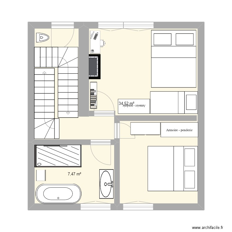 Feng Shui 1er. Plan de 2 pièces et 42 m2