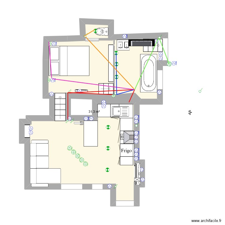 Diane lumiere. Plan de 1 pièce et 31 m2