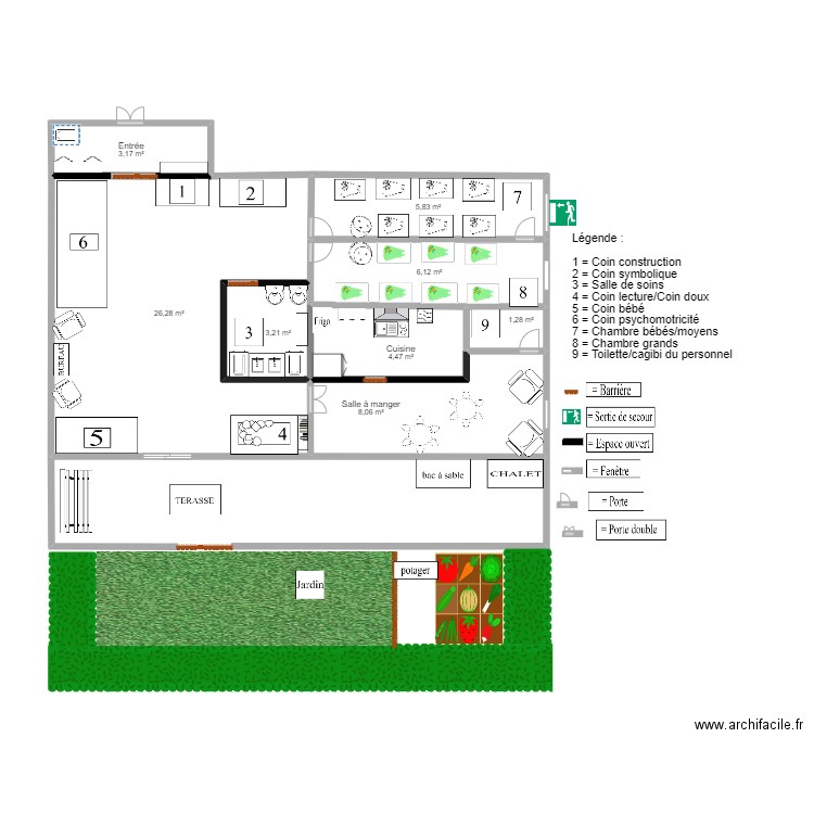 creche. Plan de 8 pièces et 58 m2