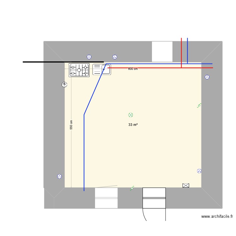 cuisine. Plan de 1 pièce et 33 m2