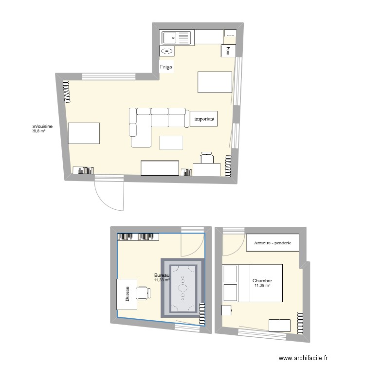 Appart M&N1. Plan de 3 pièces et 52 m2