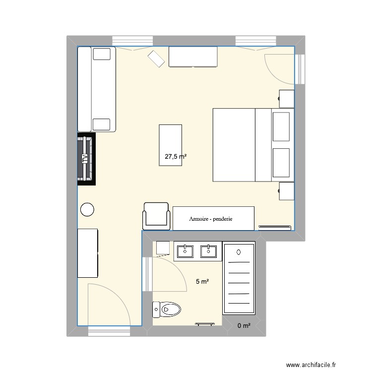 Chambre. Plan de 3 pièces et 33 m2