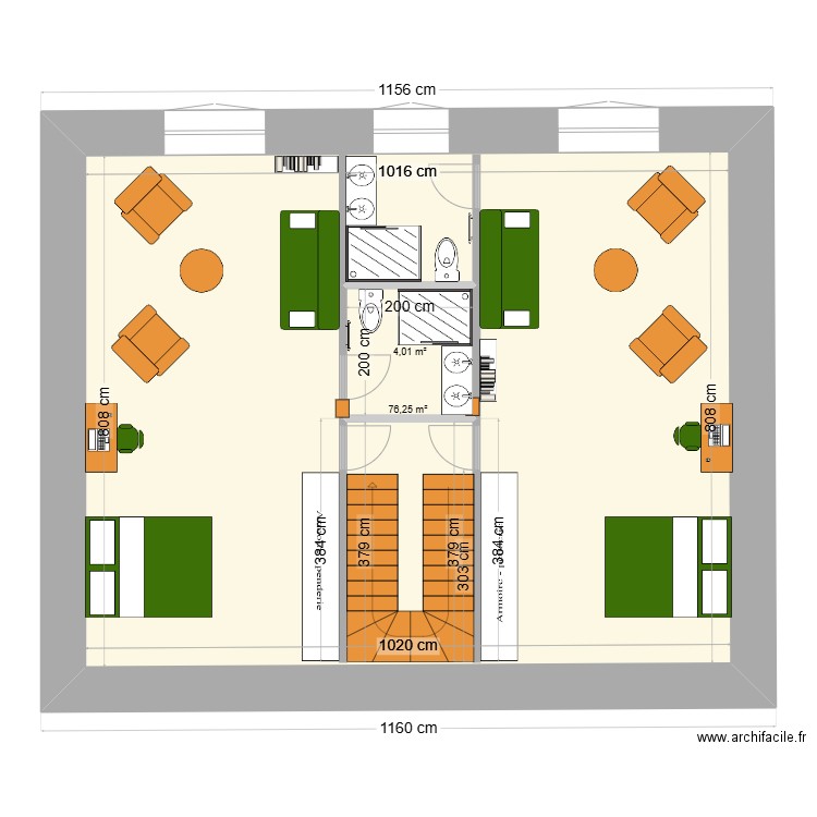 1er GM. Plan de 2 pièces et 86 m2