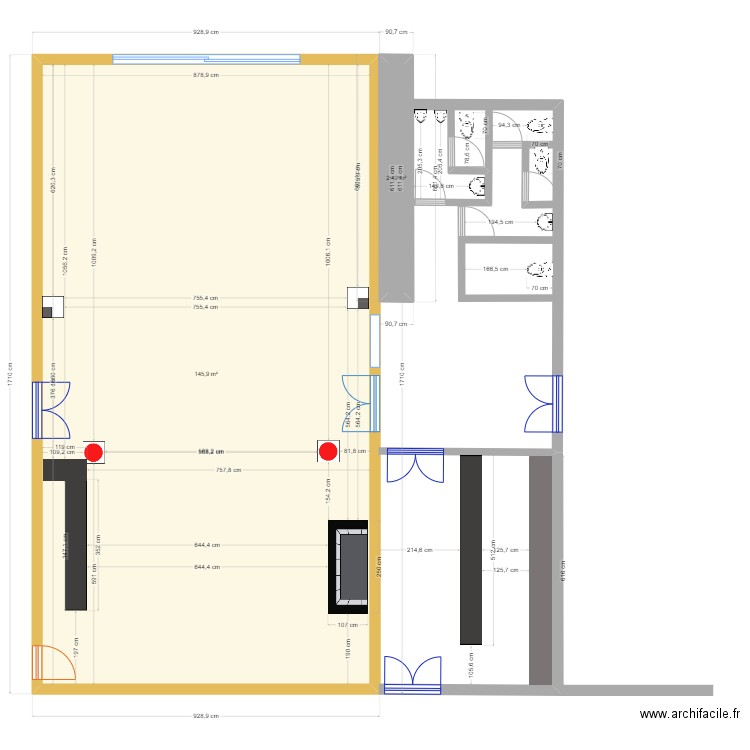 salle des fêtes. Plan de 2 pièces et 148 m2