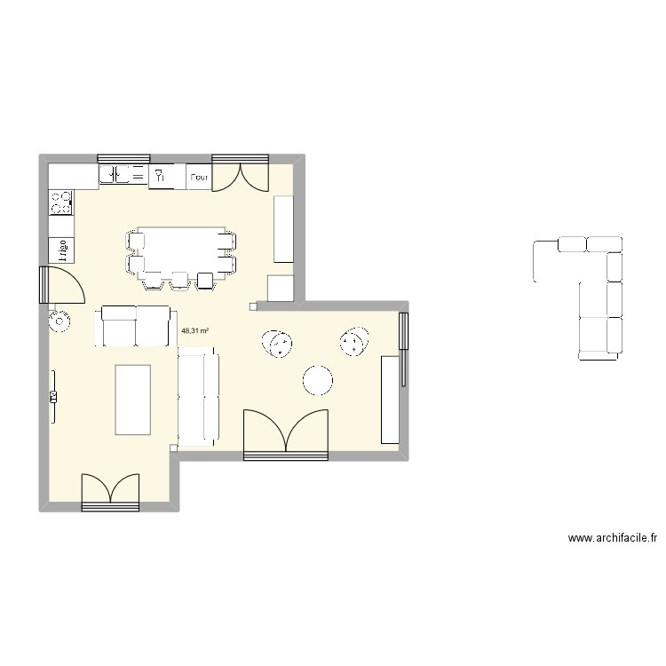 Salon-Cuisine 2 canapé. Plan de 1 pièce et 48 m2