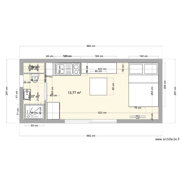 PETIT AVEC MEUBLE. Plan de 3 pièces et 16 m2