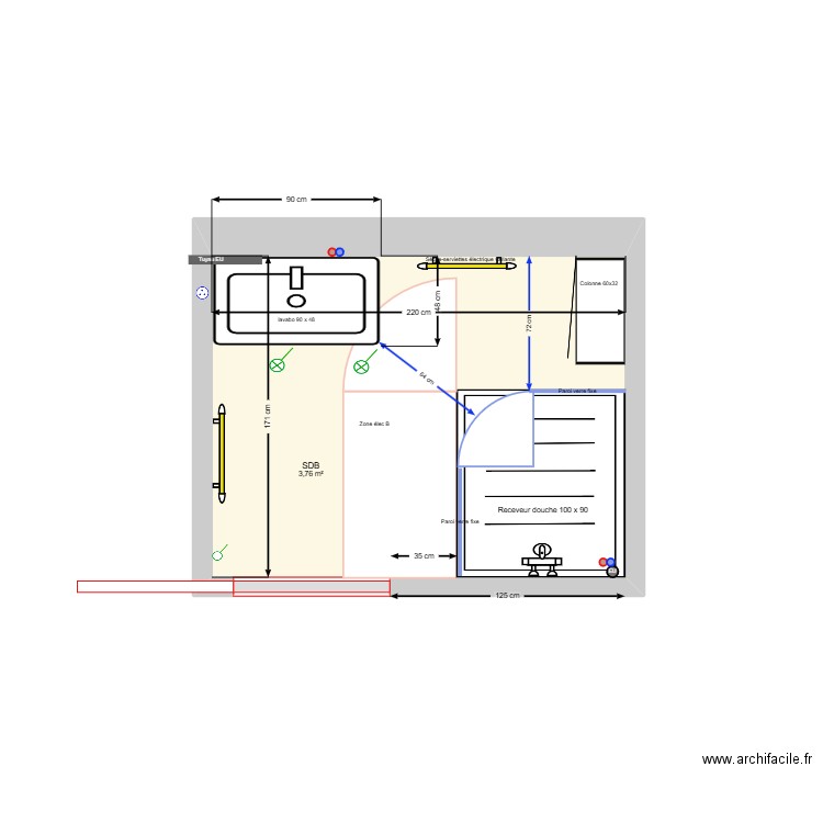 SDB Rossan_V100x90 à droite V3. Plan de 1 pièce et 4 m2