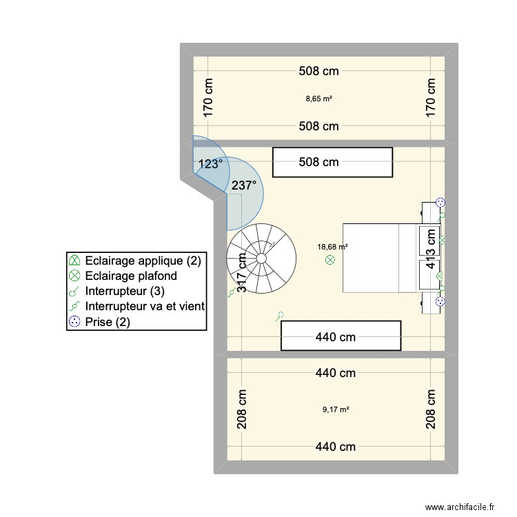 comble. Plan de 3 pièces et 37 m2