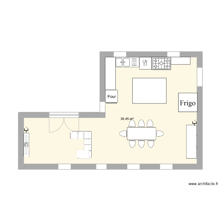 cuisine. Plan de 1 pièce et 30 m2