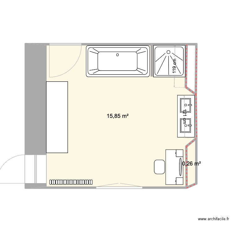 sdb rdc existante. Plan de 2 pièces et 16 m2