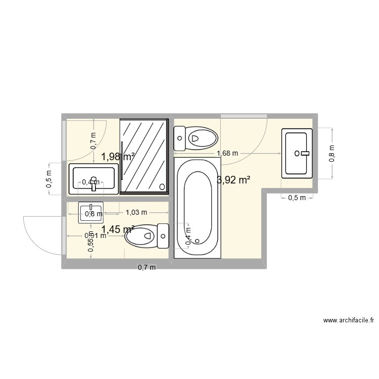 SDB 3 ,SDD et WC 2. Plan de 3 pièces et 7 m2