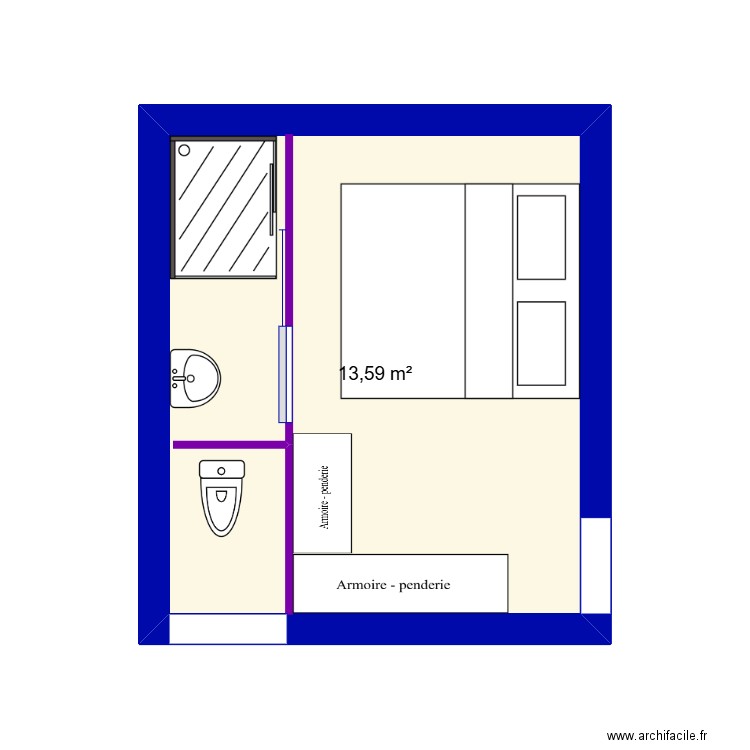 chambre. Plan de 1 pièce et 14 m2