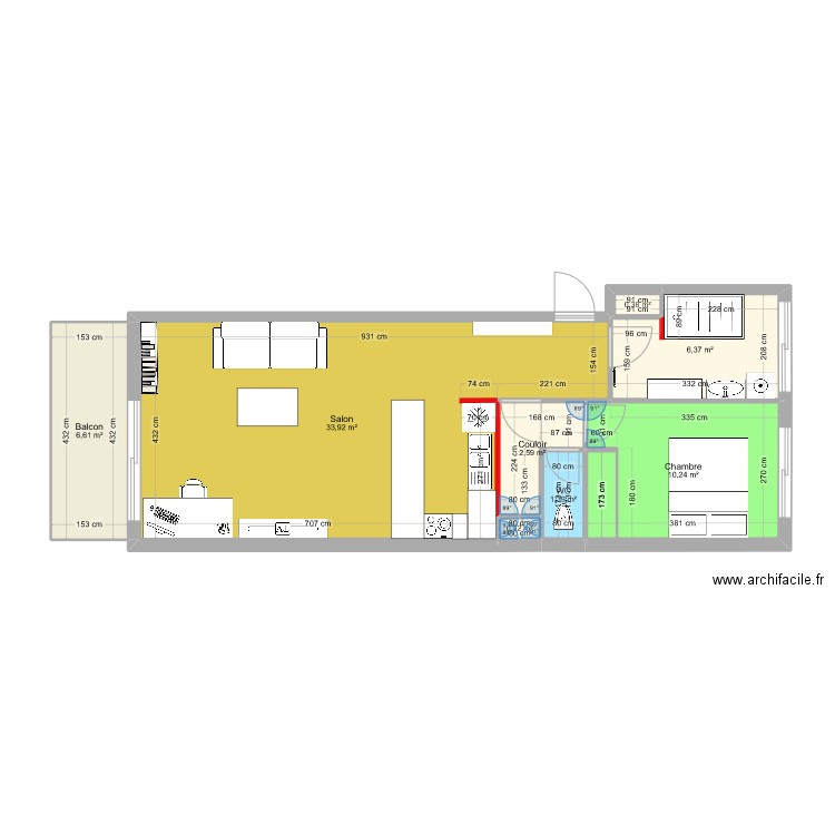 Puteaux douche fenêtre. Plan de 8 pièces et 62 m2