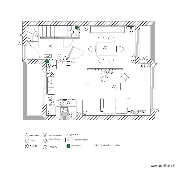 Perenchies RDC meublé + elec2. Plan de 3 pièces et 42 m2