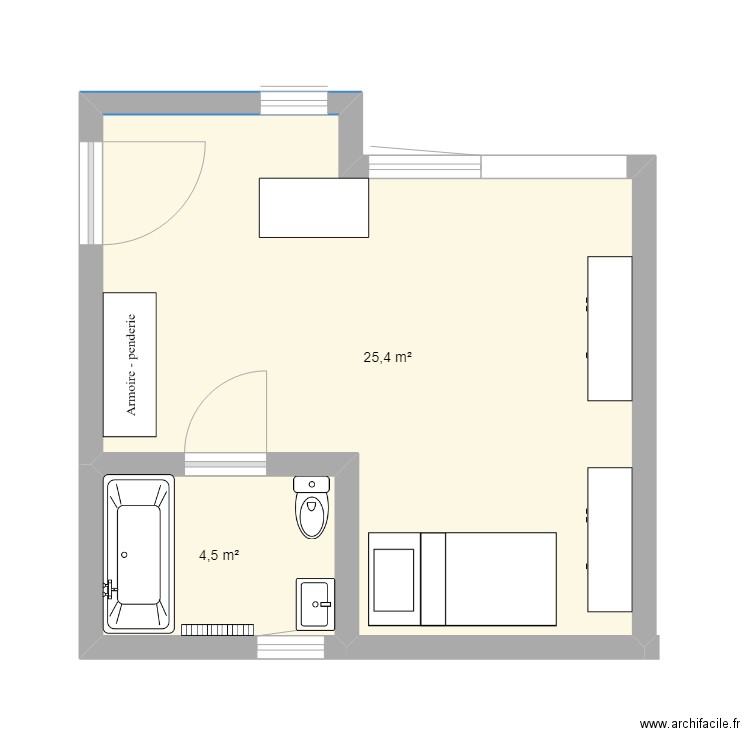 studio chantal nouveau plan sans modification de structure. Plan de 2 pièces et 30 m2