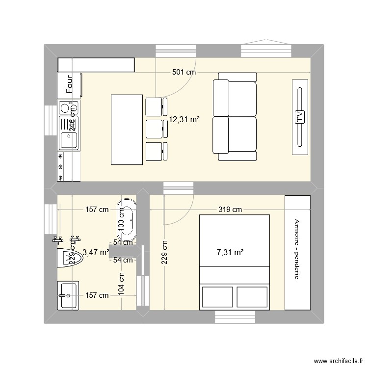 Maison 25m2. Plan de 3 pièces et 23 m2