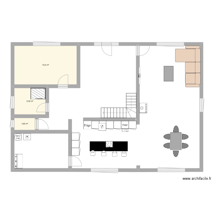 rez de chaussée. Plan de 3 pièces et 22 m2