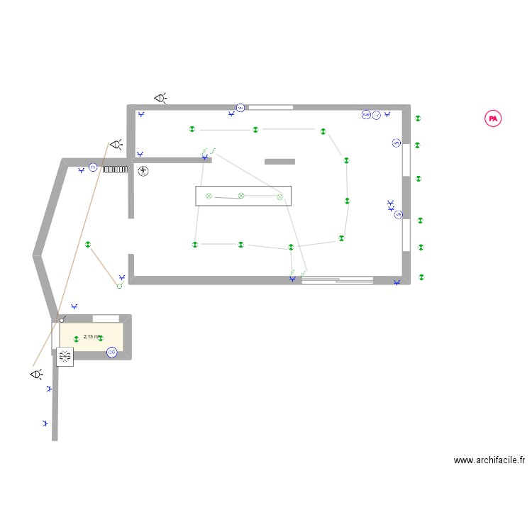 cuisine / salon. Plan de 1 pièce et 2 m2