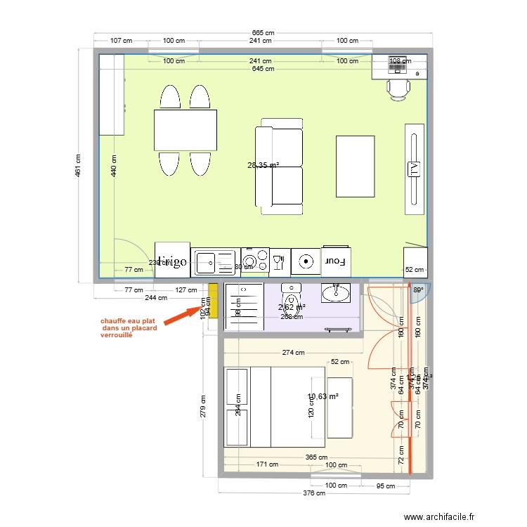 Thuillat T2 1er Projet V0. Plan de 4 pièces et 43 m2