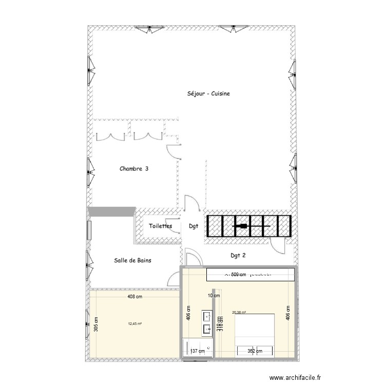 Chambre. Plan de 2 pièces et 33 m2