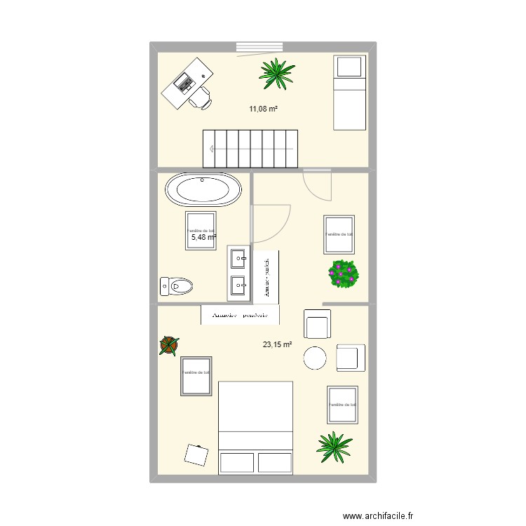 1 er etage . Plan de 3 pièces et 40 m2