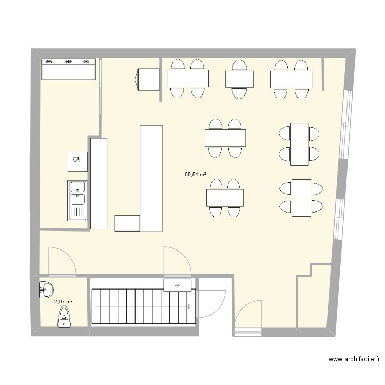 bistro de l'hôtel de ville. Plan de 2 pièces et 62 m2