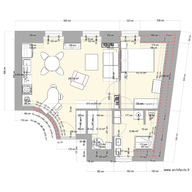 2024-07-22 Tunnel6 bas isolé aménagé. Plan de 6 pièces et 46 m2