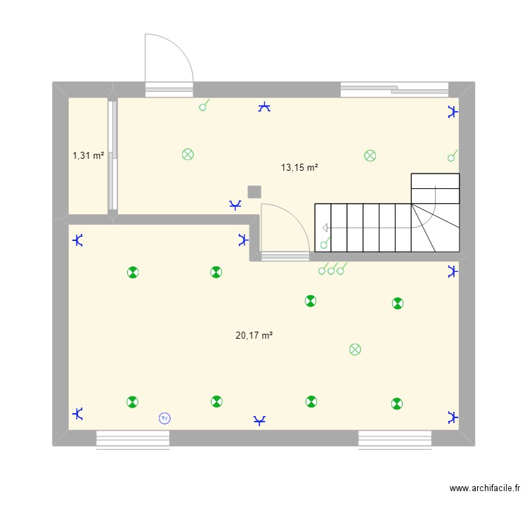 Sous-sol 2024. Plan de 3 pièces et 35 m2