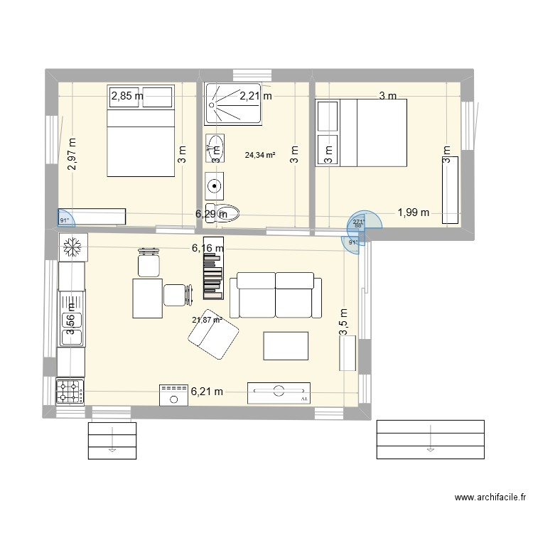 Agnés 50M2 45,23. Plan de 2 pièces et 46 m2